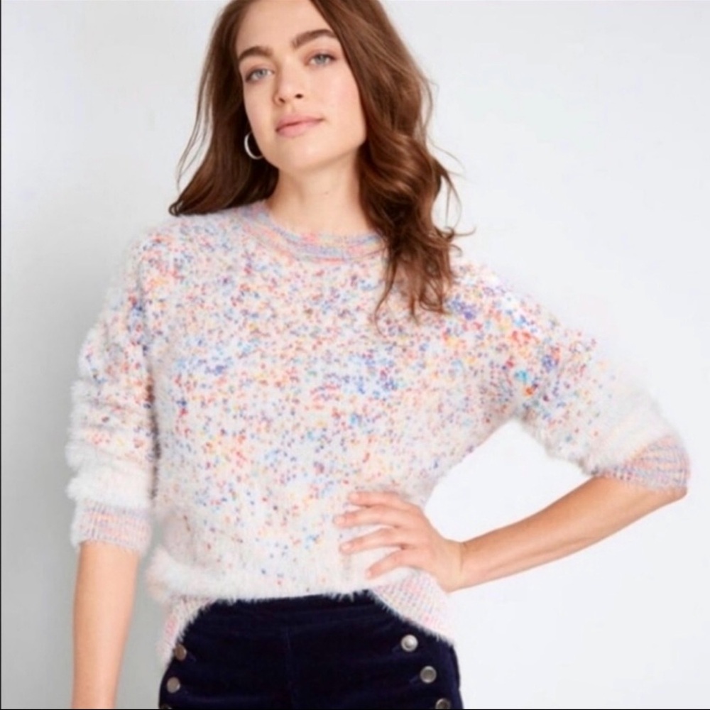 Modcloth Speckled Pastel Fuzzy Crewneck Sweater - White with Multicolor Specks